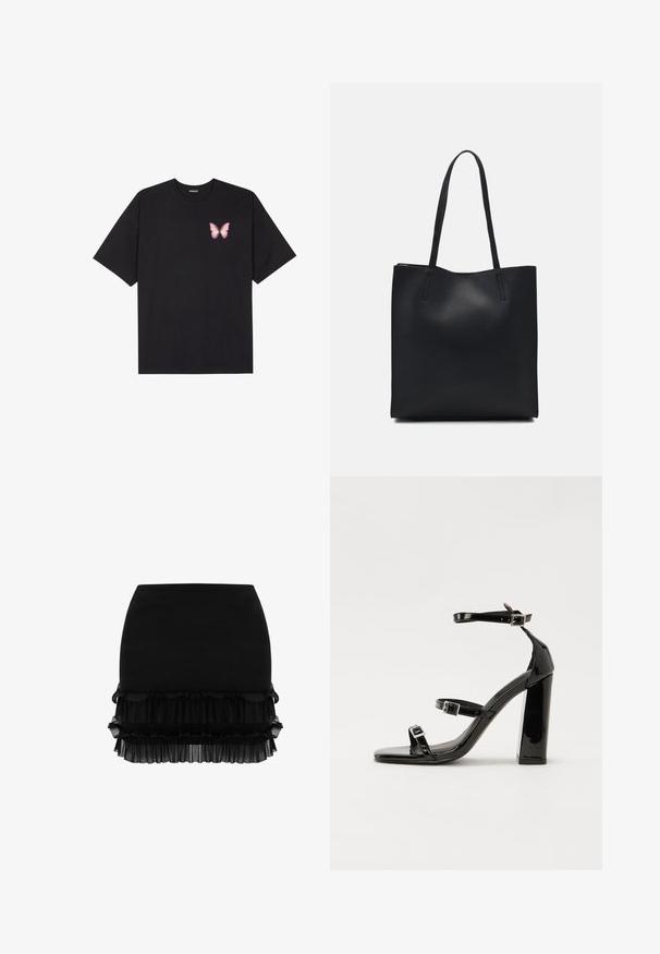 Zwarte katoenen t-shirt met korte mouwen, voorzien van een kleine roze vlinder graphic op de linkerkant van de borst. Crew neck ontwerp met een relaxte fit.; Zwarte rok met een zorgvuldig afgestemde bovensectie, gelaagde ruches aan de zoom en een zachte, licht doorzichtige textuur. Geen extra versieringen.; Zwarte patent lederen sandalen met hoge hakken, twee gespenbanden, een vierkante neus en een stevige blokhak, met een gladde, glanzende textuur.; Zwarte leren handtas met een gladde textuur, rechthoekige vorm en twee lange handvaten. Geen zichtbare hardware of versieringen.