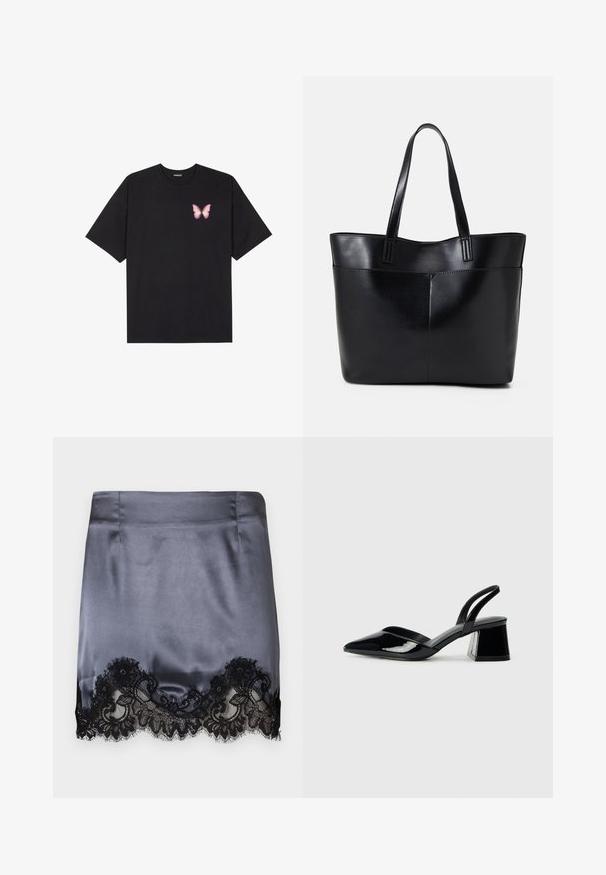 Svart bomullströja med korta ärmar, med en liten rosa fjärilsgrafik på vänster bröst. Rundad halsdesign med en avslappnad passform.; Grå satinminikjol med svart spetskant vid fållen med blommönster. Slät textur, figurnära design och rena sömmar.; Svarta lackläder slingback klackar med spetsig tå och geometrisk klack. Har en elegant, minimalistisk design och slät yta.; Svart läder tote-väska med två långa handtag, en slät yta och en strukturerad form. Har en framficka för extra förvaring.