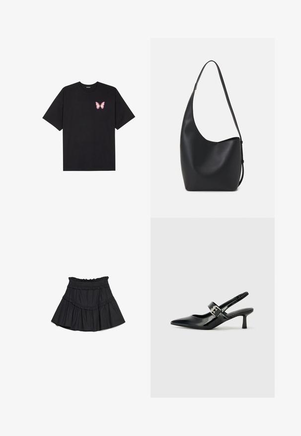 Fekete pamut póló rövid ujjakkal, bal mellkason egy kis rózsaszín pillangó grafikával. Kerek nyakú kialakítás, laza fazonnal.; Fekete, réteges mini szoknya puha anyagból, fodros díszítéssel a deréknál és a szegélyen, bővülő szabással és rugalmas derékrésszel.; Fekete lakkbőr slingback sarkú cipők hegyes orral és kis blokk talppal, ezüst csat díszítéssel a pánton.; Fekete bőr hobo táska sima textúrával, ívelt formával és egyetlen állítható pánttal; széles nyílás található a tetején.