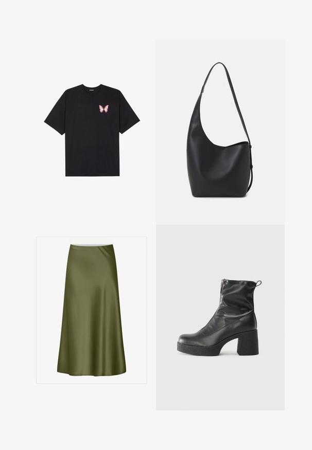 Must muströöpidega must puuvillane T-särk, vasakul rinnal on väike roosa liblikas. Ümar kaelus ja vabalt istuv lõige.; Oliivroheline, põlve pikkune satiin seelik, millel on sile tekstuur ja kerge laienemine. Omab vöökohta ja pole nähtavaid kinnitusi ega mustreid.; Mustad mustad ansapüksid, mis on valmistatud siledast nahast, külje zipperiga, paksu tekstuuriga kontsaga ja ümmarguse nina disainiga.; Mustast nahast hobo kott, millel on sile tekstuur, kumer kuju ja üks reguleeritav rihm; peal on lai avaus.