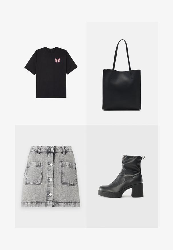 Fekete pamut póló rövid ujjakkal, bal mellkason egy kis rózsaszín pillangó grafikával. Kerek nyakú kialakítás, laza fazonnal.; Világosszürke farmer szoknya, kopottas textúrával, gombos elejével, két nagy elülső zsebbel és egyenes szabással.; Fekete bokacsizmák sima bőrből, oldalsó cipzárral, vastag, texturált sarkú és lekerekített orrú dizájnnal.; Fekete bőrtáska sima felszínnel, téglalap alakú, két hosszú füllel. Nincs látható fémkiegészítő vagy díszítés.