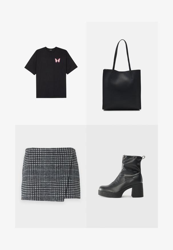 Schwarzes Baumwoll-T-Shirt mit kurzen Ärmeln, das ein kleines pinkes Schmetterlingsmotiv auf der linken Brust zeigt. Crewneck-Design mit einem entspannten Schnitt.; Woll-Minirock mit einem schwarz-weißen Pepita-Muster, gerader Schnitt mit einem leichten asymmetrischen Saum und strukturiertem Stoff.; Schwarze Stiefeletten aus glattem Leder mit seitlichem Reißverschluss, klobigem strukturiertem Absatz und runder Zehenform.; Schwarze Laptoptasche aus Leder mit glatter Textur, rechteckiger Form und zwei langen Griffen. Keine sichtbaren Beschläge oder Verzierungen.