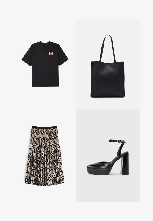 T-shirt nera in cotone con maniche corte, caratterizzata da una piccola grafica di una farfalla rosa sul lato sinistro del petto. Design a girocollo con una vestibilità rilassata.; Gonna plissettata in tessuto leggero, caratterizzata da una stampa animale astratta in nero e beige, con una vita elasticizzata nera.; Tacchi a piattaforma neri con punta appuntita e cinturino regolabile alla caviglia. Realizzati in pelle liscia, presentano un tacco a blocco spesso.; Borsa tote in pelle nera con texture liscia, forma rettangolare e due manici lunghi. Nessun hardware o decorazione visibile.