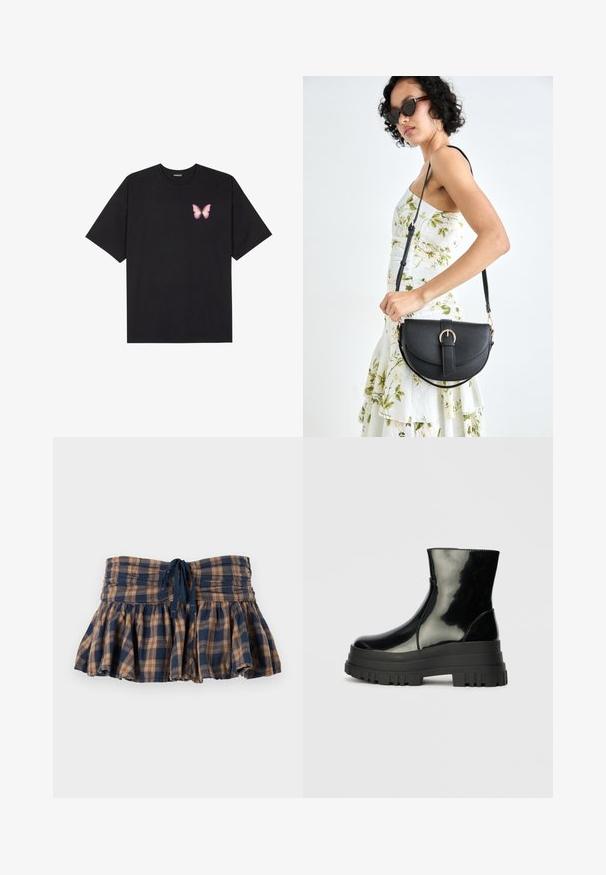 Musta puuvillapaita lyhyillä hihoilla, jossa on pieni vaaleanpunainen perhosgrafiikka vasemmassa rinnassa. Pyöreä kaula-aukko ja rento istuvuus.; Ruudullinen, levenevä minihame ruskeassa ja tummansinisessä, valmistettu kevyestä kankaasta. Ominaisuuksiin kuuluu smokkikiinnitys vyötäröllä ja säädettävä naru istuvuuden säätämiseksi.; Musta kiiltävä nilkkuri paksulla karkealla pohjalla ja pyöristetyllä kärjellä, sivukuva vaaleanharmaalla yksinkertaisella taustalla.; Musta nahkainen käsilaukku, joka on kaareva muotoilultaan, irrotettavalla hihnalla ja kultaisilla yksityiskohdilla. Laukussa on läppä, jossa on solk yksityiskohta.