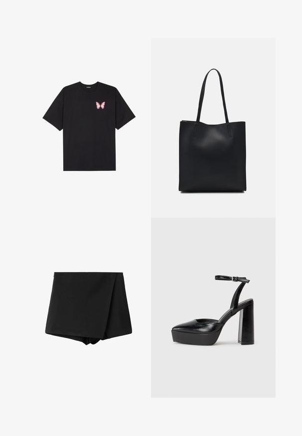 Sort bomulds T-shirt med korte ærmer, prydet med en lille pink sommerfugl grafik på venstre bryst. Rund hals design med en afslappet pasform.; Sorte wrap-style shorts lavet af glat stof, med høj talje og en afslappet pasform. Ingen mønstre eller accenter synlige.; Sorte platformhæle med spidse tæer og justerbar ankelrem. Construeret i glat læder, med en kraftig blokhæl.; Sort læder tote taske med glat tekstur, rektangulær form og to lange hanke. Ingen synlig hardware eller udsmykninger.