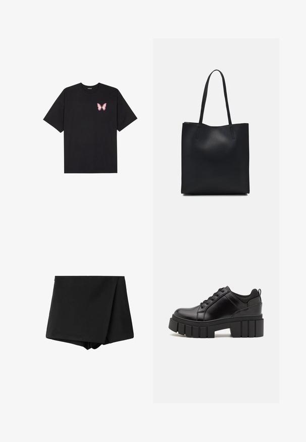 Sort bomulds T-shirt med korte ærmer, prydet med en lille pink sommerfugl grafik på venstre bryst. Rund hals design med en afslappet pasform.; Sorte wrap-style shorts lavet af glat stof, med høj talje og en afslappet pasform. Ingen mønstre eller accenter synlige.; Sorte læder platform sko med en klodset blokhæl, rund tå og traditionelt snøredesign. Har en glat tekstur og minimal detaljering.; Sort læder tote taske med glat tekstur, rektangulær form og to lange hanke. Ingen synlig hardware eller udsmykninger.