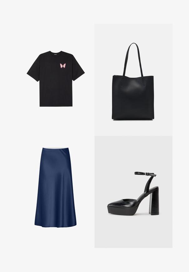Črna bombažna majica s kratkimi rokavi, ki ima majhen roza metuljček na levi strani prsnega dela. Majica s krožnim ovratnikom in sproščenim krojem.; Morska satenska krilo v A-liniji z gladko teksturo, tekočim dizajnom in srednjo dolžino. Ima čisto pasnico brez dodatnih značilnosti.; Črne platforme z visokimi petami in koničastim nosom ter nastavljivim gležnjenjskim trakom. Narejene iz gladke usnje, s kockasto peto.; Črna usnjena torba s svilnato teksturo, pravokotne oblike in dvema dolgima ročajema. Brez vidnih metalnih delov ali okrasnih elementov.
