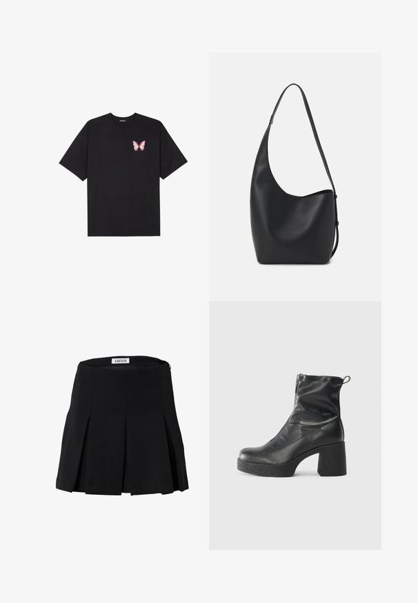 Schwarzes Baumwoll-T-Shirt mit kurzen Ärmeln, das ein kleines pinkes Schmetterlingsmotiv auf der linken Brust zeigt. Crewneck-Design mit einem entspannten Schnitt.; Schwarzer, plissierter Rock mit hoher Taille, aus glattem Stoff gefertigt. Verfügt über einen Reißverschluss auf der Rückseite und ein sauberes, strukturiertes Design.; Schwarze Stiefeletten aus glattem Leder mit seitlichem Reißverschluss, klobigem strukturiertem Absatz und runder Zehenform.; Schwarze Leder-Hobo-Tasche mit einer glatten Textur, geschwungener Form und einem einzelnen verstellbaren Tragegurt; verfügt über eine weite Öffnung am oberen Ende.