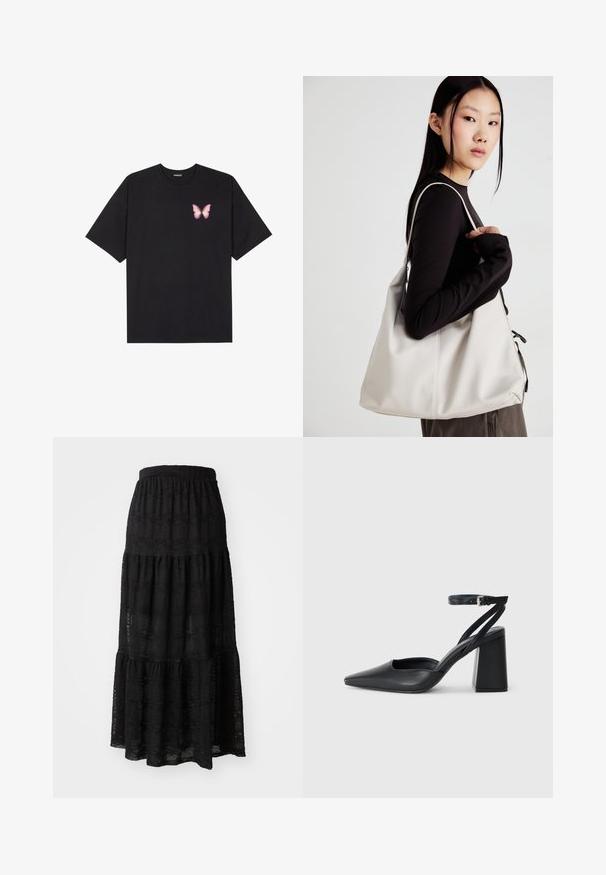 Svart bomulls T-skjorte med korte ermer, med en liten rosa sommerfugl grafikk på venstre bryst. Crew-neck design med en avslappet passform.; Svart maxiskjørt laget av teksturert stoff, med lagdelt design, samlet midje og subtile bølgemønstre gjennom hele.; Svart lær pumps med spiss tå, ankelrem og kraftig hæl. Flat tekstur, strømlinjeformet design og minimalisme.; Beige håndveske laget av mykt materiale, med en slapp design, sydd detaljer og to skulderstropper. Passer for daglig bruk.