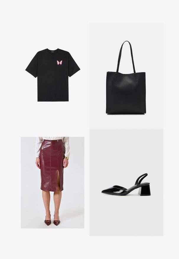 Czarny bawełniany t-shirt z krótkim rękawem, z małym różowym motylkiem na lewej piersi. Klasyczny dekolt z luźnym fasonem.; Burgundowa, sięgająca kolan spódnica ołówkowa z błyszczącej sztucznej skóry, z rozcięciem z przodu, przeszyciami oraz ozdobnym guzikiem w talii.; Czarne lakierowane półbuty na obcasie z wydłużonym noskiem i geometrycznym słupkiem. Charakteryzują się eleganckim, minimalistycznym designem oraz gładką fakturą.; Czarna skórzana torba tote o gładkiej fakturze, prostokątnym kształcie i dwóch długich uchwytach. Brak widocznych elementów metalowych i ozdób.