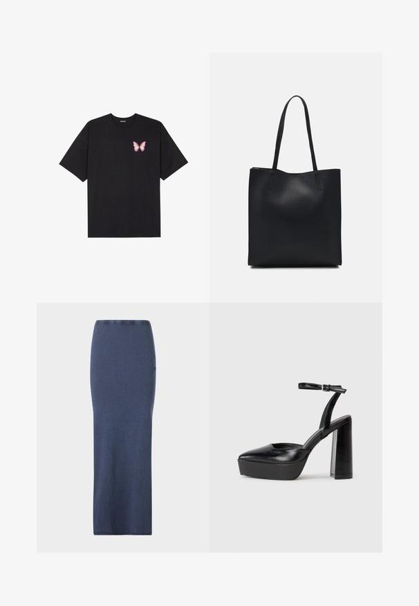 Black cotton t-shirt with short sleeves, featuring a small pink butterfly graphic on the left chest. Crew neck design with a relaxed fit.; Dark blue, ribbed knit pencil skirt with a fitted design and a straight silhouette. Features an elastic waistband and smooth texture.; Black platform heels with a pointed toe and adjustable ankle strap. Constructed from smooth leather, featuring a chunky block heel.; Black leather tote bag with smooth texture, rectangular shape, and two long handles. No visible hardware or embellishments.