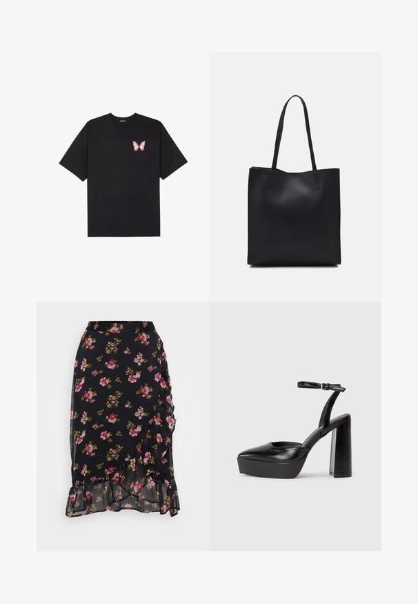 Fekete pamut póló rövid ujjakkal, bal mellkason egy kis rózsaszín pillangó grafikával. Kerek nyakú kialakítás, laza fazonnal.; Fekete virágmintás szoknya rózsaszín és zöld virágokkal, fodros szegéllyel és réteges kialakítással, könnyű, áttetsző anyagból.; Fekete platform magassarkú cipők hegyes orral és állítható bokapánttal. Sima bőrből készült, vastag talppal.; Fekete bőrtáska sima felszínnel, téglalap alakú, két hosszú füllel. Nincs látható fémkiegészítő vagy díszítés.