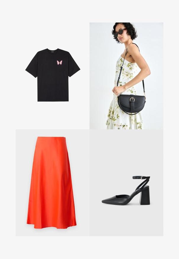 Melna kokvilnas T-krekls ar īsām piedurknēm, kuram priekšā kreisajā pusē ir neliels rozā tauriņa grafiskais attēls. Ar apaļu kaklu un brīvā stila piegriezumu.; Sarkans satīna midi svārks ar gludu tekstūru, A formas siluets un neliels izsitiens pie apakšmalas. Nav redzamu rakstu vai rotājumu.; Melna ādas augstpapēžu kurpe ar norakstīto purngala formu, potītes siksniņu un masīlu papēdi. Gluda tekstūra, elegants dizains un minimālisma estētika.; Melnas ādas rokassoma ar izliekta formu, noņemamu siksnu un zelta aksesuāriem. Somai ir vāciņš ar sprādzes detaļu.