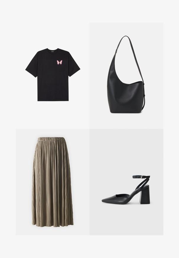 Zwarte katoenen t-shirt met korte mouwen, voorzien van een kleine roze vlinder graphic op de linkerkant van de borst. Crew neck ontwerp met een relaxte fit.; Samsøe Samsøe UMA - A-lijn rok - lead gray; Zwarte leren puntige pump met een enkelbandje en een chunky hak. Vlakke textuur, strakke vormgeving en minimalistische esthetiek.; Zwarte leren hobo tas met een gladde textuur, kromme vorm en een enkele verstelbare schouderband; heeft een brede opening aan de bovenkant.