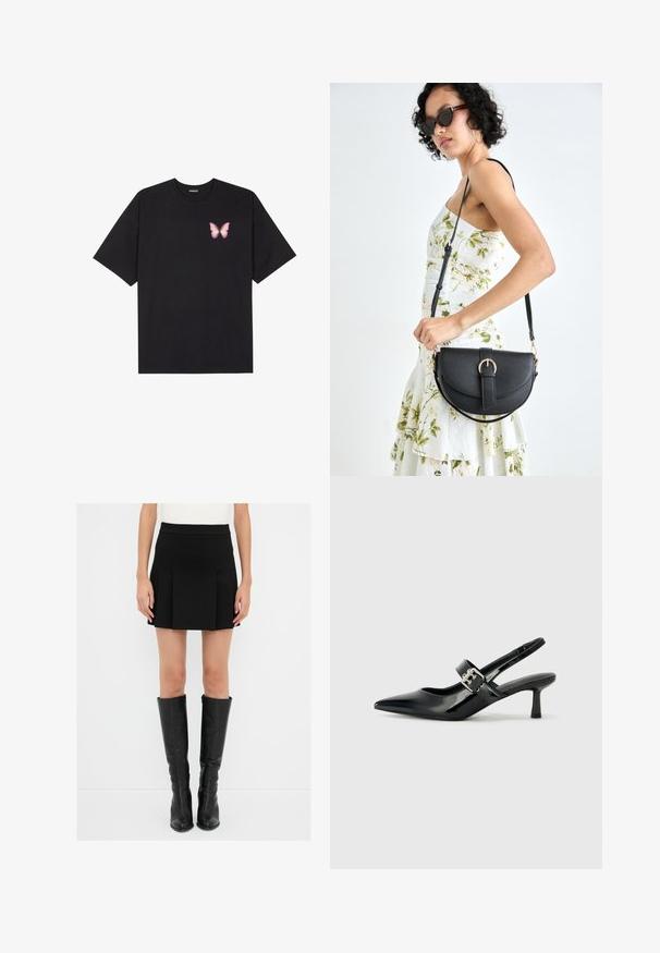 Sort bomulds T-shirt med korte ærmer, prydet med en lille pink sommerfugl grafik på venstre bryst. Rund hals design med en afslappet pasform.; Sort plisseret miniskirt med en tætsiddende talje, parret med knæhøje sorte læderstøvler med lynlåse og spidse tæer.; Sorte laker slingback hæle med spids tå og en lille blokhæl, med en sølvspændeaccent på remmen.; Sort læderhåndtaske med en buet form, aftagelig rem og guldfinish. Tasken har en klap med en spænde detalje.