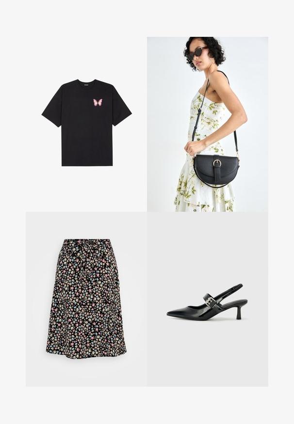 Musta puuvillapaita lyhyillä hihoilla, jossa on pieni vaaleanpunainen perhosgrafiikka vasemmassa rinnassa. Pyöreä kaula-aukko ja rento istuvuus.; Kukallinen midihame mustalla taustalla, jossa on pieniä vaaleanpunaisia, sinisiä ja beigejä kukkia. Venyvä vyötärö ja sidontayksityiskohta, ilmava muotoilu.; Musta patenttinaahkakengät, joissa on osoittava kärki ja pieni lohko korko, varustettuna hopeisella soljella hihnassa.; Musta nahkainen käsilaukku, joka on kaareva muotoilultaan, irrotettavalla hihnalla ja kultaisilla yksityiskohdilla. Laukussa on läppä, jossa on solk yksityiskohta.