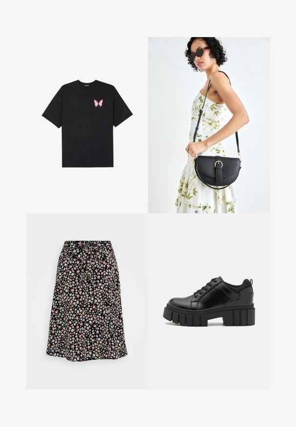 Svart bomullströja med korta ärmar, med en liten rosa fjärilsgrafik på vänster bröst. Rundad halsdesign med en avslappnad passform.; Blommig midikjol med svart bakgrund, prydd med små rosa, blå och beige blommor. Elastisk midjeband med knyt-detalj, flytande design.; Svarta läderplattformsskor med en kraftig blockklack, rund tå och traditionell snörningsdesign. Har en slät textur och minimal detaljering.; Svart läderhandväska med en böjd form, avtagbar rem och guldiga detaljer. Väskan har ett lock med en spänndetalj.