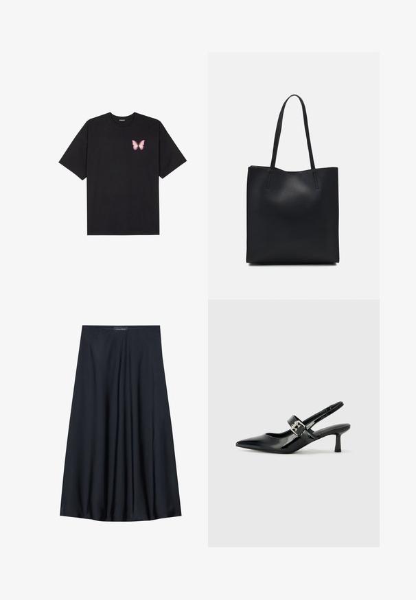 T-shirt de algodão preto com mangas curtas, apresentando um pequeno gráfico de borboleta rosa no lado esquerdo do peito. Design de gola redonda com um corte solto.; Saia preta, até aos joelhos, feita de tecido leve com um design fluido. Apresenta uma textura suave e pregas subtis para um detalhe adicional.; Saltos slingback em verniz preto com bico pontiagudo e um pequeno salto bloco, apresentando um detalhe de fivela prateada na tira.; Bolsa tote preta em couro com textura lisa, forma retangular e duas alças longas. Sem hardware ou enfeites visíveis.