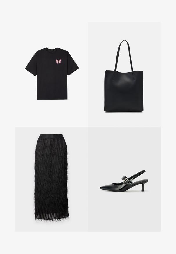 Juodas medvilnės marškinėliai trumpomis rankovėmis, su maža rožine drugelio grafika kairėje krūtinės pusėje. Apvalus kaklo iškirpimas, laisvas kirpimas.; Juoda midi sijonas su tekstūruotais krašteliais, lygiu juosmeniu ir plazdančiu siluetu, pagamintas iš lengvų medžiagų.; Juodai lakuoti slingback aukštakulniai su smailiu kojų pirštu ir mažais blokiniais kulniukais, su sidabro sagtimi ant dirželio.; Juodas odinis tote krepšys su lygia tekstūra, stačiakampio formos ir dviem ilgais rankenomis. Matomų metalinių detalių ar puošybos nėra.