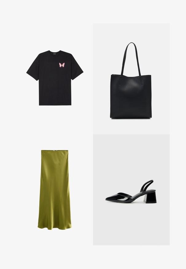 Schwarzes Baumwoll-T-Shirt mit kurzen Ärmeln, das ein kleines pinkes Schmetterlingsmotiv auf der linken Brust zeigt. Crewneck-Design mit einem entspannten Schnitt.; Next REGULAR FIT - Maxirock - khaki green; Schwarze Lackleder-Slingback-High Heels mit spitzem Schuh und einem geometrischen Blockabsatz. Verfügt über ein schlankes, minimalistisches Design und eine glatte Textur.; Schwarze Laptoptasche aus Leder mit glatter Textur, rechteckiger Form und zwei langen Griffen. Keine sichtbaren Beschläge oder Verzierungen.