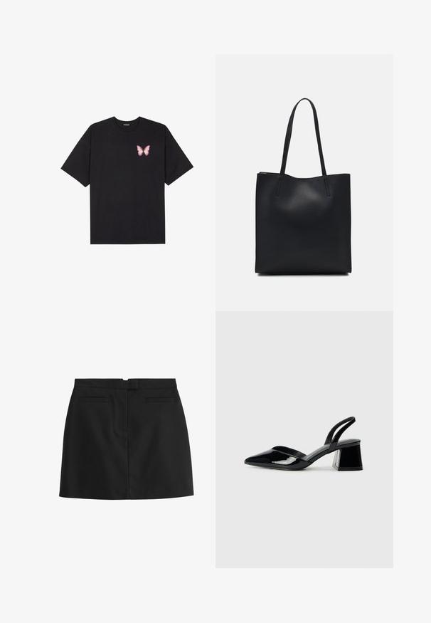 Must muströöpidega must puuvillane T-särk, vasakul rinnal on väike roosa liblikas. Ümar kaelus ja vabalt istuv lõige.; Must muströöp, mis on valmistatud siledast kangast, sirge lõikega, kahe tagataskuga ja varjatud tõmblukuga taga.; Mustad musta lakknahk kingad, millel on terav varvas ja geomeetriline plokkkonts. Omab elegantselt minimalistlikku disaini ja sujuvat tekstuuri.; Mustast nahast kott sujuva tekstuuriga, ristkülikukujuline ja kahe pika sangaga. Pole nähtavat riistvara ega kaunistusi.