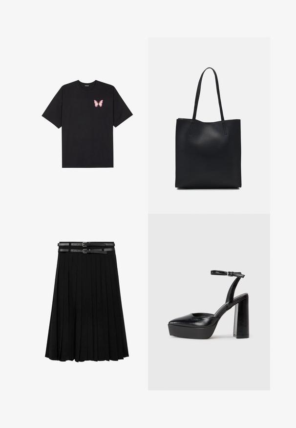 Black cotton t-shirt with short sleeves, featuring a small pink butterfly graphic on the left chest. Crew neck design with a relaxed fit.; Black pleated skirt featuring two leather straps with silver buckles at the waist. Made from a smooth, flowing fabric.; Black platform heels with a pointed toe and adjustable ankle strap. Constructed from smooth leather, featuring a chunky block heel.; Black leather tote bag with smooth texture, rectangular shape, and two long handles. No visible hardware or embellishments.