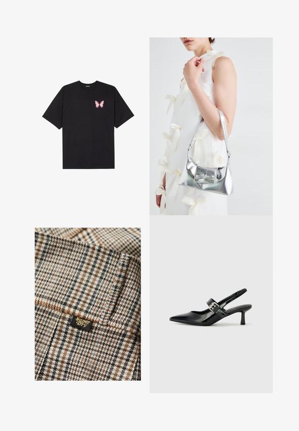 T-shirt nera in cotone con maniche corte, caratterizzata da una piccola grafica di una farfalla rosa sul lato sinistro del petto. Design a girocollo con una vestibilità rilassata.; Tessuto a scacchi nei toni marrone, grigio e nero con una finitura testurizzata. Include un piccolo etichetta nera con la scritta "Superdry" in lettere dorate.; Décolleté neri in vernice con punta affilata e tacco a blocco piccolo, dotati di un accentuato con fibbia argentata sulla cinturino.; Borsa a mano metallica argento con forma strutturata, dotata di manico superiore e dettaglio a fiocco sulla parte frontale. Texture liscia e finitura riflettente.