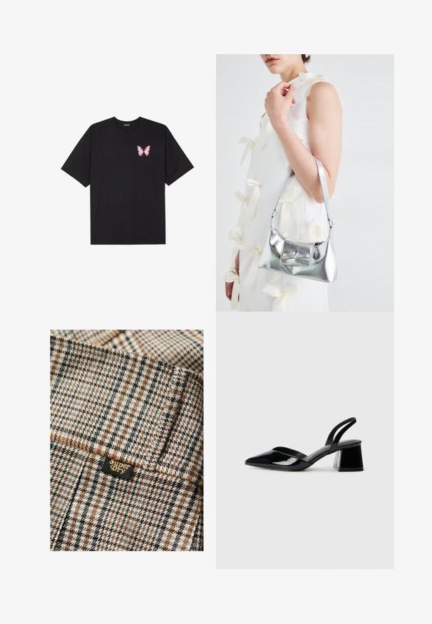 Schwarzes Baumwoll-T-Shirt mit kurzen Ärmeln, das ein kleines pinkes Schmetterlingsmotiv auf der linken Brust zeigt. Crewneck-Design mit einem entspannten Schnitt.; Braunes, graues und schwarzes karierter Stoff mit strukturiertem Finish. Enthält ein kleines schwarzes Etikett mit "Superdry" in goldener Schrift.; Schwarze Lackleder-Slingback-High Heels mit spitzem Schuh und einem geometrischen Blockabsatz. Verfügt über ein schlankes, minimalistisches Design und eine glatte Textur.; Silberne metallische Handtasche mit strukturierter Form, ausgestattet mit einem oberen Griff und einer Schleifenapplikation auf der Vorderseite. Glatte Textur, reflektierendes Finish.