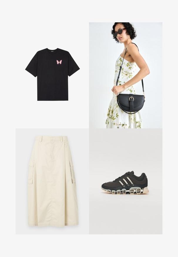 Svart bomulls T-skjorte med korte ermer, med en liten rosa sommerfugl grafikk på venstre bryst. Crew-neck design med en avslappet passform.; Beige, knelange skjørt laget av bomull. Har to sidelommer og et frontfold, med en midjebånd og usynlig glidelås.; Svarte sportsko med en strukturert overflate, tre sølvstriper, og en distinkt støtdempende såle med flere integrerte seksjoner.; Svart lærveske med en buet form, avtagbar stropp og gullbeslag. Vesken har et klaff med spenne-detall.