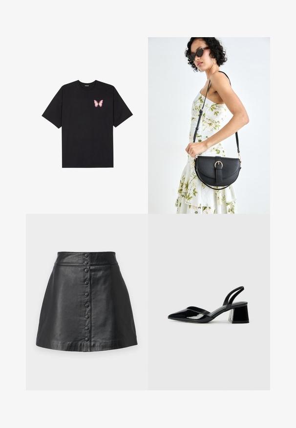 Juodas medvilnės marškinėliai trumpomis rankovėmis, su maža rožine drugelio grafika kairėje krūtinės pusėje. Apvalus kaklo iškirpimas, laisvas kirpimas.; Juodas odos mini sijonas, turintis tiesų kirpimą, lygų paviršių ir priekinį užsegimą su aštuoniais tolygiai išdėstytais mygtukais.; Juodos lakuotos odinės šlepetės su smailiu pirštu ir geometriniu bloko kulnu. Turi elegantišką, minimalistinį dizainą ir lygų paviršių.; Juodas odinis krepšys su išlenkta forma, nuimamu dirželiu ir auksiniais detalėmis. Krepšys turi kilpą su sagtimi.