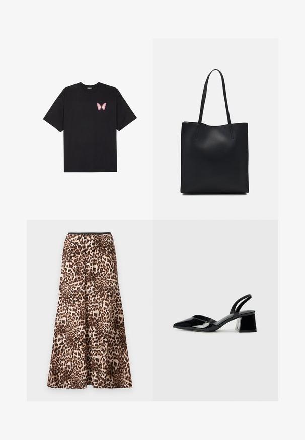 Tricou negru din bumbac cu mâneci scurte, având pe partea stângă a pieptului un mic grafic cu un fluture roz. Design cu guler rotund și croială lejeră.; Fustă maxi cu imprimeu leopard, având un brâu negru, o siluetă fluidă și un material moale cu nuanțe variate de maro și bej.; Pantofi cu toc slingback din piele lacuită neagră, cu vârf ascuțit și toc geometric. Prezintă un design elegant, minimalist și o textură netedă.; Geantă tote neagră din piele, cu textură netedă, formă rectangulară și două mânere lungi. Fără hardware vizibil sau ornamente.