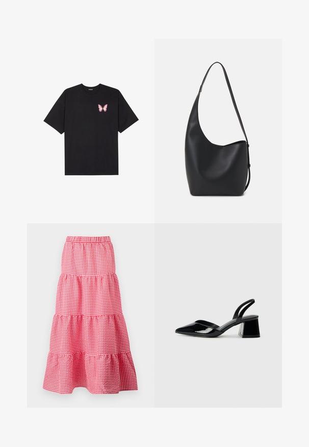 Black cotton t-shirt with short sleeves, featuring a small pink butterfly graphic on the left chest. Crew neck design with a relaxed fit.; Red and white gingham patterned tiered skirt with an elastic waistband and ruffled hem, featuring three gathered layers. Cotton material.; Black patent leather slingback heels with a pointed toe and a geometric block heel. Features a sleek, minimal design and smooth texture.; Black leather hobo bag with a smooth texture, curved shape, and single adjustable strap; features a wide opening at the top.
