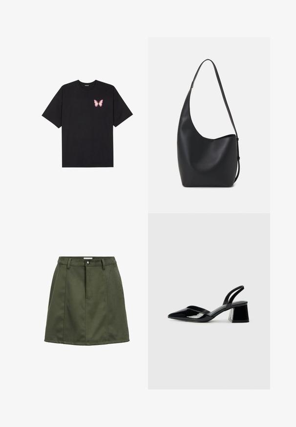 T-shirt en coton noir à manches courtes, avec un petit graphique de papillon rose sur la poitrine gauche. Modèle à col rond avec une coupe décontractée.; Mini-jupe en daim vert foncé avec des passants de ceinture, un bouton avant et des détails de couture.; Escarpins en cuir verni noir avec bout pointu et talon bloc géométrique. Présente un design élégant et minimaliste ainsi qu'une texture lisse.; Sac hobo en cuir noir avec une texture lisse, une forme incurvée et une seule sangle réglable ; dispose d'une large ouverture en haut.