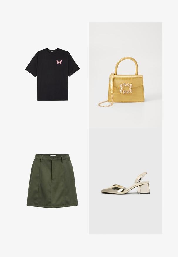 Zwarte katoenen t-shirt met korte mouwen, voorzien van een kleine roze vlinder graphic op de linkerkant van de borst. Crew neck ontwerp met een relaxte fit.; Donkergroene suède mini-jurk met riemlussen, knoop aan de voorkant en naaddetails.; Gouden, metalen slingback hakken met een spitse neus en een chunky hak. Glad oppervlak, minimalistisch ontwerp en een smalle band.; Geel faux-krokodillenhandtas met een gestructureerd ontwerp, bovenhandvat, afneembare kettingriem en decoratieve kristallen versiering op de sluiting.; Gouden oorbellen met een getextureerd, golvend ontwerp. Bevat sculpturale clip-on studs en een open ringontwerp met een gehamerd oppervlak.