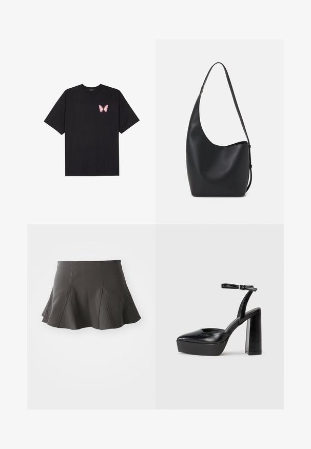 Svart bomulls T-skjorte med korte ermer, med en liten rosa sommerfugl grafikk på venstre bryst. Crew-neck design med en avslappet passform.; Svart utsvingt skjørt med en tilpasset midje, med vertikale sømmer og en glatt tekstur. Kantlinjen er lett buet og går over midten av låret.; Sorte plattformhelter med spiss tå og justerbar ankelrem. Laget av glatt lær, med en robust blokkhel.; Svart lær hobo-veske med glatt tekstur, buet form og enkelt justerbart stropp; har en bred åpning på toppen.