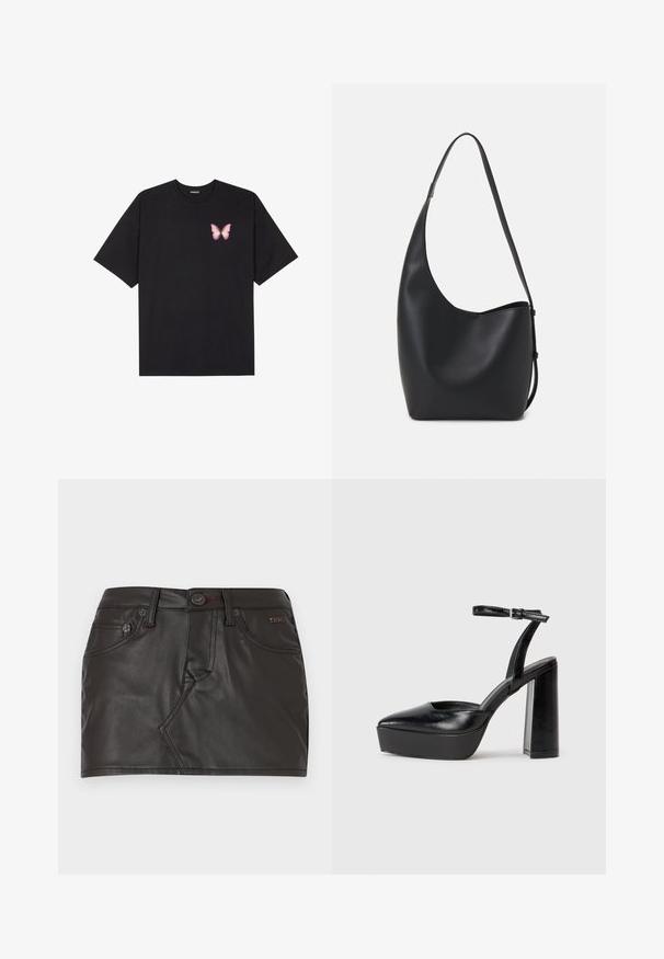 Svart bomulls T-skjorte med korte ermer, med en liten rosa sommerfugl grafikk på venstre bryst. Crew-neck design med en avslappet passform.; Svart skinn miniskjørt med en tettsittende design, midje med knappelukking og frontlommer med sømdetaljer.; Sorte plattformhelter med spiss tå og justerbar ankelrem. Laget av glatt lær, med en robust blokkhel.; Svart lær hobo-veske med glatt tekstur, buet form og enkelt justerbart stropp; har en bred åpning på toppen.