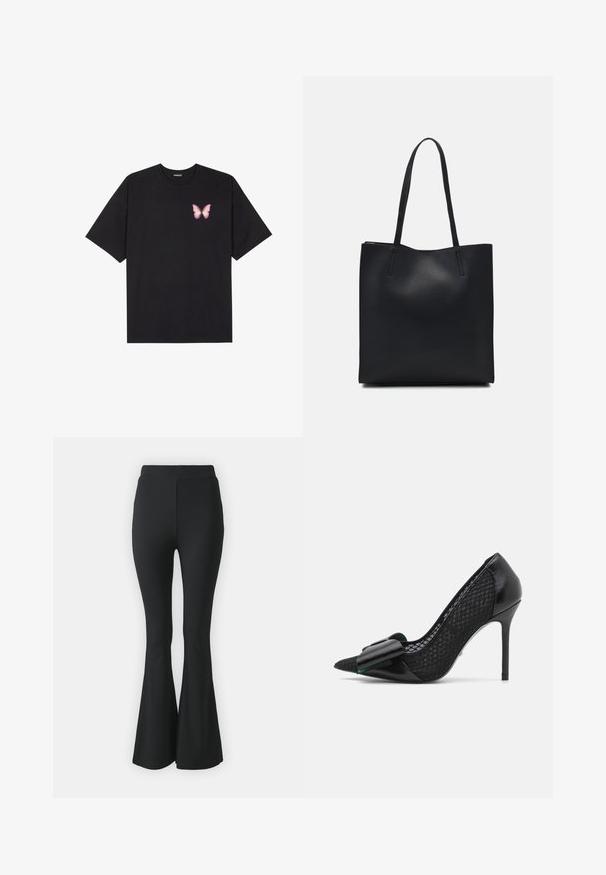 Črna bombažna majica s kratkimi rokavi, ki ima majhen roza metuljček na levi strani prsnega dela. Majica s krožnim ovratnikom in sproščenim krojem.; Črne razširjene hlače, narejene iz raztegljive tkanine. Imajo visok pas in gladek, oprijet dizajn, ki se razširi od kolena navzdol.; Črne visoke pete z ostrim prstom, s sijočim usnjenim sprednjim delom in teksturiranimi mrežastimi stranicami, okrašene z velikim detaljem v obliki pentlje.; Črna usnjena torba s svilnato teksturo, pravokotne oblike in dvema dolgima ročajema. Brez vidnih metalnih delov ali okrasnih elementov.; Črne tkanine scrunchies z nabranim teksturami, ki imajo očesne vzorce. Dve velikosti, obe mehki, z nežnim zaključkom.