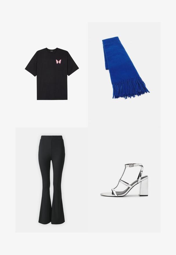 Černé bavlněné tričko s krátkým rukávem, na levém prsou s malou grafikou růžové motýlky. Design s kruhovým výstřihem a volným střihem.; Černé rozšířené kalhoty vyrobené z elastického materiálu. Mají vysoký pas a hladký, přiléhavý design, který se rozšiřuje od kolene dolů.; Stříbrná kovová sandálová obuv na podpatku s designem T-řemínku, nastavitelnou sponou na kotníku a blokovým podpatkem, s hladkým, reflexním povrchem.; Modrá tkaná šála s třásněmi na koncích, hladká textura, obdélníkový tvar a jednotná barva po celém povrchu. Vhodná do chladného počasí.; Černá kožená kabelka s křivkovým tvarem, odnímatelným popruhem a zlatými detaily. Kabelka má klopu s přezkou.