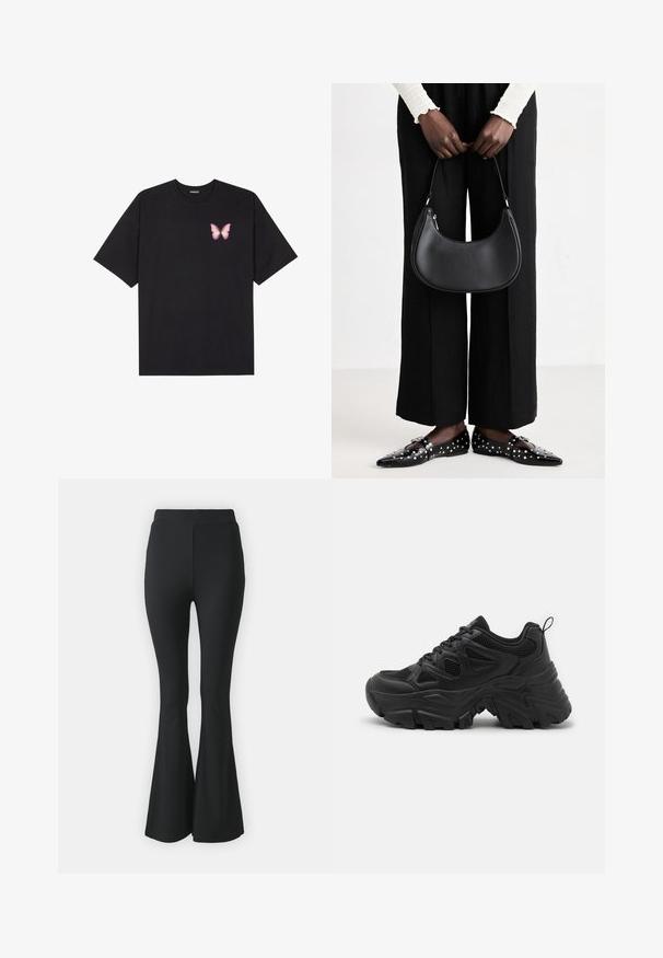 Black cotton t-shirt with short sleeves, featuring a small pink butterfly graphic on the left chest. Crew neck design with a relaxed fit.; Black flared trousers made from stretchy fabric. Features a high waistband and a smooth, fitted design that flares from the knee downward.; Black athletic shoes with a textured mesh upper, curved rubber sole, and prominent tread pattern. Features integrated lacing and pull tab.; Black leather shoulder bag with a rounded shape, glossy finish, and silver hardware. Person wearing black wide-leg pants and studded loafers.