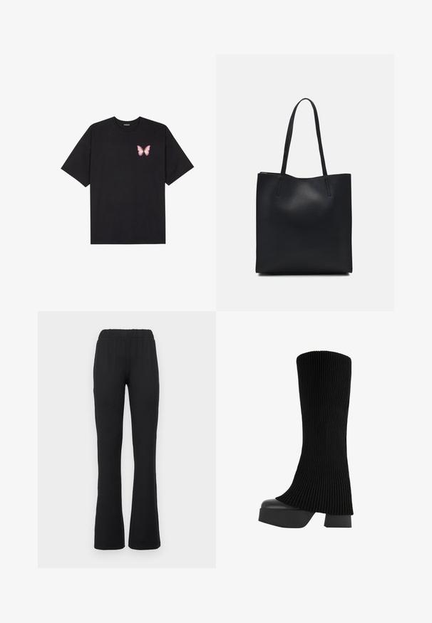 Crna pamučna majica s kratkim rukavima, s malim grafičkim prikazom ružičaste vjetricaste s desne strane na prsima. Dizajn s okruglim izrezom i opuštenim krojem.; Crne, široke hlače s elastičnom strukom, koje imaju glatku teksturu i nemaju vidljive uzorke ili metalne detalje.; Crne čizme do koljena s plišanim gornjim dijelom, debelim platformom i blok petom, s glatkom teksturom i modernim, elegantnim dizajnom.; Crna kožna torba za nošenje s glatkom teksturom, pravokutnim oblikom i dvije duge ručke. Nema vidljivih metalnih dijelova ili ukrasa.