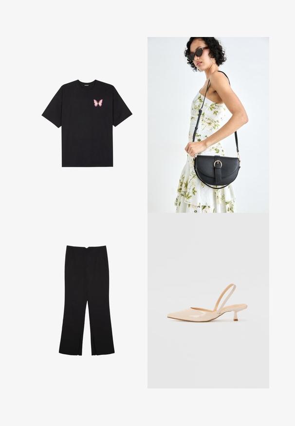 Sort bomulds T-shirt med korte ærmer, prydet med en lille pink sommerfugl grafik på venstre bryst. Rund hals design med en afslappet pasform.; Sorte bukser med lige pasform, der har frontlommer og slidser i kanten. Lavet af blødt, glat stof. Velegnet til forskellige anledninger.; Beige patenteret læder slingback høje med spids tå og en slank, firkantet hæl. Glat tekstur og minimalistisk design uden udsmykninger.; Sort læderhåndtaske med en buet form, aftagelig rem og guldfinish. Tasken har en klap med en spænde detalje.
