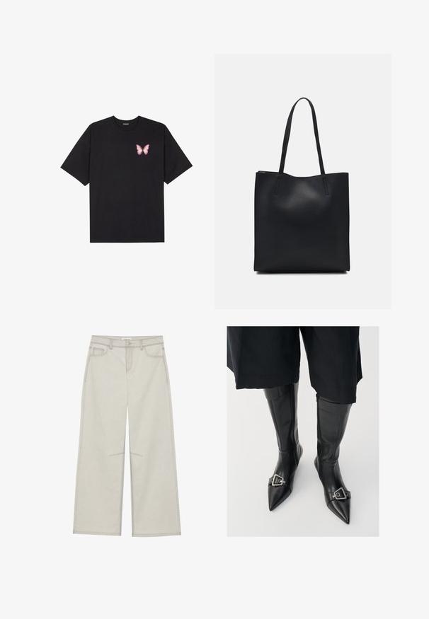 T-shirt de algodão preto com mangas curtas, apresentando um pequeno gráfico de borboleta rosa no lado esquerdo do peito. Design de gola redonda com um corte solto.; Calças largas de um cinza claro com cinco bolsos, fecho frontal com botão e costuras em contraste ao longo das emendas. O tecido parece suave e durável.; Botas de couro pretas até ao joelho com bico fino e um detalhe em fivela prateada. Apresentam um fecho éclair no lado interno e uma textura suave.; Bolsa tote preta em couro com textura lisa, forma retangular e duas alças longas. Sem hardware ou enfeites visíveis.