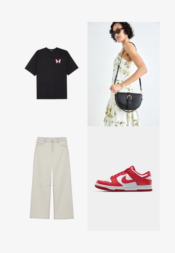 Must muströöpidega must puuvillane T-särk, vasakul rinnal on väike roosa liblikas. Ümar kaelus ja vabalt istuv lõige.; Heledad hall-gajused püksid, viie taskuga, ette nööpidega kinnitamine ja kontrastne õmblus. Kangas paistab pehme ja vastupidav.; Punane ja valge Nike tenni, millel on nahast ülemine osa, perforatsioonidega varvas, lamedad paelad ja kummist talla, millel on mustrits. ; Mustmust mustraha kõverate joontega, eemaldatava rihmaga ja kuldsete detailidega. Kotil on klapp, millel on pandladetail.