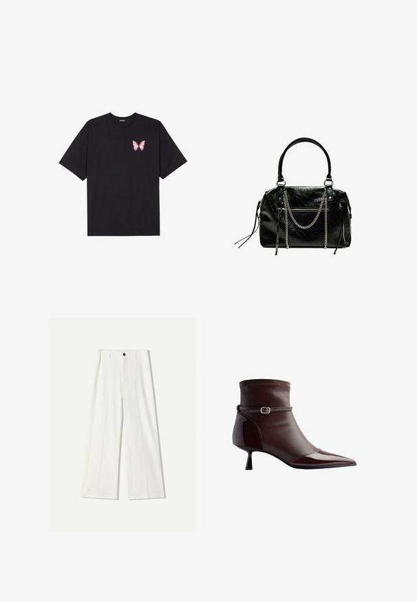 Schwarzes Baumwoll-T-Shirt mit kurzen Ärmeln, das ein kleines pinkes Schmetterlingsmotiv auf der linken Brust zeigt. Crewneck-Design mit einem entspannten Schnitt.; Weiße, weit geschnittene Hosen aus glattem Stoff, mit einem Verschluss im Frontbereich und gefälteltenDetails. Flach geschnittenes Design, ohne sichtbare Taschen.; Braune Lederstiefelette mit spitzer Zehe, kleinem Kittenheel und einem dünnen Riemen mit einer kleinen goldenen Schnalle um den Knöchel.; Bershka WITH CHAIN - Handtasche - black