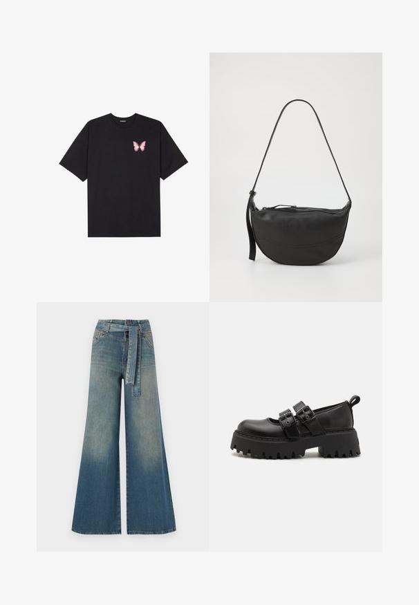 Fekete pamut póló rövid ujjakkal, bal mellkason egy kis rózsaszín pillangó grafikával. Kerek nyakú kialakítás, laza fazonnal.; Bőszárú farmernadrág, világos és sötétkék árnyalatokkal, magas derekú, övgyűrűkkel és a nadrággal megegyező anyagú övvel. Textúrált farmer kivitel.; Fekete platform cipők lekerekített orral, több csattal és texturált, vastag talppal. Fényes szintetikus anyagból készültek.; Fekete bőr válltáska ívelt formával, egyetlen pánttal, cipzáros zárással és diszkrét varrásokkal a táska testén.