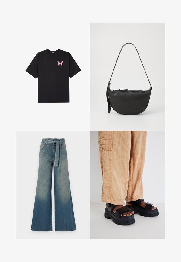 Juodas medvilnės marškinėliai trumpomis rankovėmis, su maža rožine drugelio grafika kairėje krūtinės pusėje. Apvalus kaklo iškirpimas, laisvas kirpimas.; Platus džinsinis kelnes su šviesiai tamsiai mėlynu gradientu, aukštu juosmeniu, diržo kilpomis ir atitinkančiu audinio diržu. Textūruotas džinsinis paviršius.; Juodos storos šlepetės su storu padu, plačiu dirželiu ir reguliuojamu užsegimu, derinamos su laisvomis šviesiai smėlinėmis tekstūruotomis kelnėmis.; Juodas odinis peties krepšys, turintis kreivos formos, vieną diržą, užtrauktuką uždarymui ir subtilius siuvinėjimo detales ant korpuso.