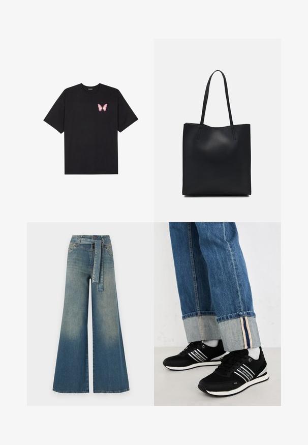 Čierne bavlnené tričko s krátkymi rukávmi, s malým ružovým motýlikom na ľavej hrudi. Design s okrúhlym výstrihom a uvoľneným strihom.; Džínsy s širokými nohavicami, ktoré majú prechod od svetlomodrej po tmavomodrú, vysoký pás, pútka na opasok a opasok z rovnakého materiálu. Textúrovaný denimový povrch.; Čierne tenisky s bielymi prúžkami, v kombinácii s modrými denimovými džínsami so sklopeným lemom a kontrastným vnútorným podšívaním. Mäkká podrážka, minimalistický dizajn.; Čierna kožená taška na rameno s hladkým povrchom, obdĺžnikovým tvarom a dvoma dlhými uchami. Bez viditeľného kovania alebo ozdôb.