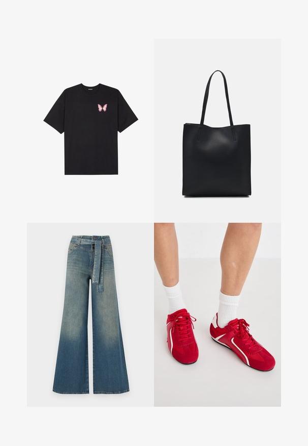 Crna pamučna majica s kratkim rukavima, s malim grafičkim prikazom ružičaste vjetricaste s desne strane na prsima. Dizajn s okruglim izrezom i opuštenim krojem.; Široke traperice s gradijentom od svijetloplave do tamnoplave, visokog struka, petljama za remen i remenom od istog materijala. Teksturirana traper tkanina.; Crvene atletske tenisice s bijelim akcentima, napravljene od antilopa i mrežice. Imaju sistem vezivanja s čipkom i teksturirane potplate za bolji grip.; Crna kožna torba za nošenje s glatkom teksturom, pravokutnim oblikom i dvije duge ručke. Nema vidljivih metalnih dijelova ili ukrasa.