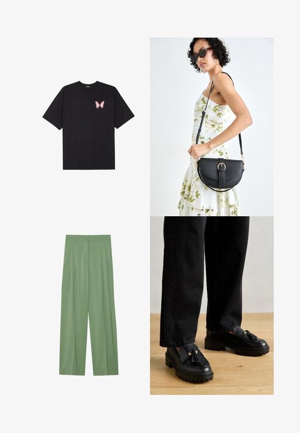 Schwarzes Baumwoll-T-Shirt mit kurzen Ärmeln, das ein kleines pinkes Schmetterlingsmotiv auf der linken Brust zeigt. Crewneck-Design mit einem entspannten Schnitt.; Grüne weit geschnittene Hosen aus glattem Stoff. Mit Falten an der Vorderseite, einer Knopfverschluss und Gürtelschlaufen.; Schwarze Lederloafer mit derbem Profil, ausgestattet mit einer Quaste und goldenen Hardwaredetails. Getragen mit dunklen Jeans auf einer Holzoberfläche.; Schwarze Lederhandtasche mit geschwungener Form, abnehmbarem Tragegurt und goldenen Beschlägen. Die Tasche verfügt über einen Deckel mit einer Schnallen-Details.