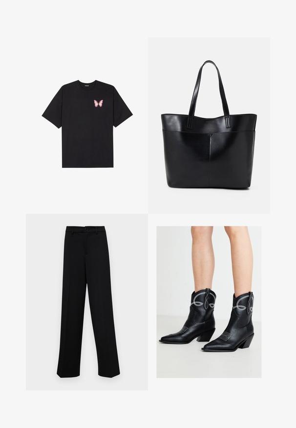 Black cotton t-shirt with short sleeves, featuring a small pink butterfly graphic on the left chest. Crew neck design with a relaxed fit.; Black wide-leg trousers made of smooth fabric, featuring a classic waistband with a button closure and front pleats.; Black leather cowboy boots with white stitching worn on bare legs, featuring pointed toes and angled block heels on a plain light floor.; Black leather tote bag with two long handles, a smooth texture, and a structured shape. Features a front pocket for additional storage.